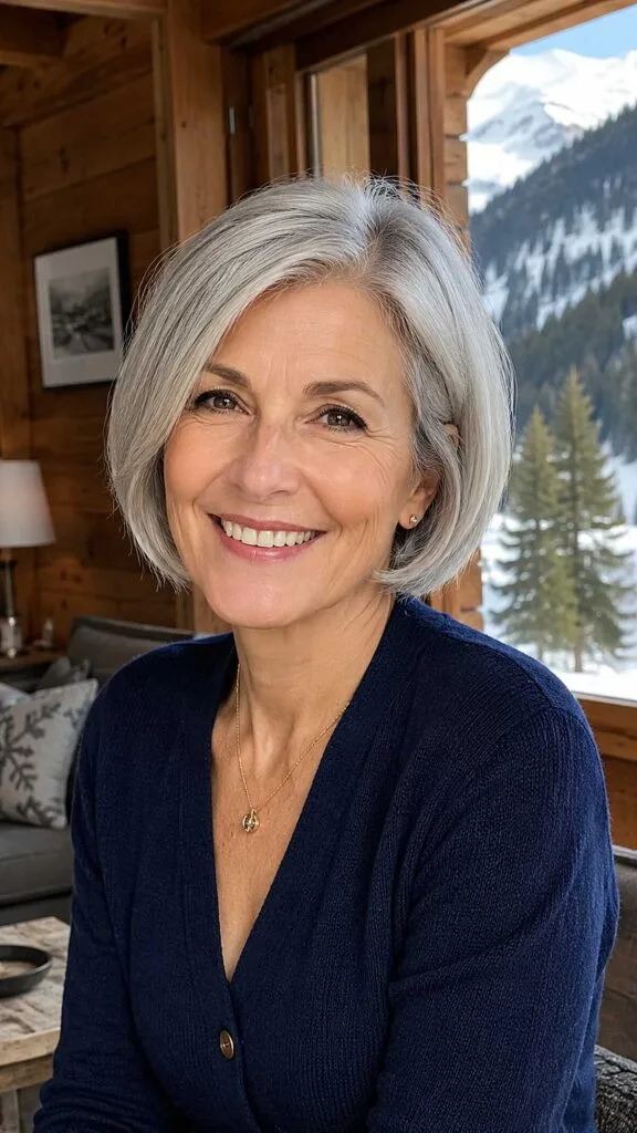 Chin-Length Silver Bob with Side-Swept Volume