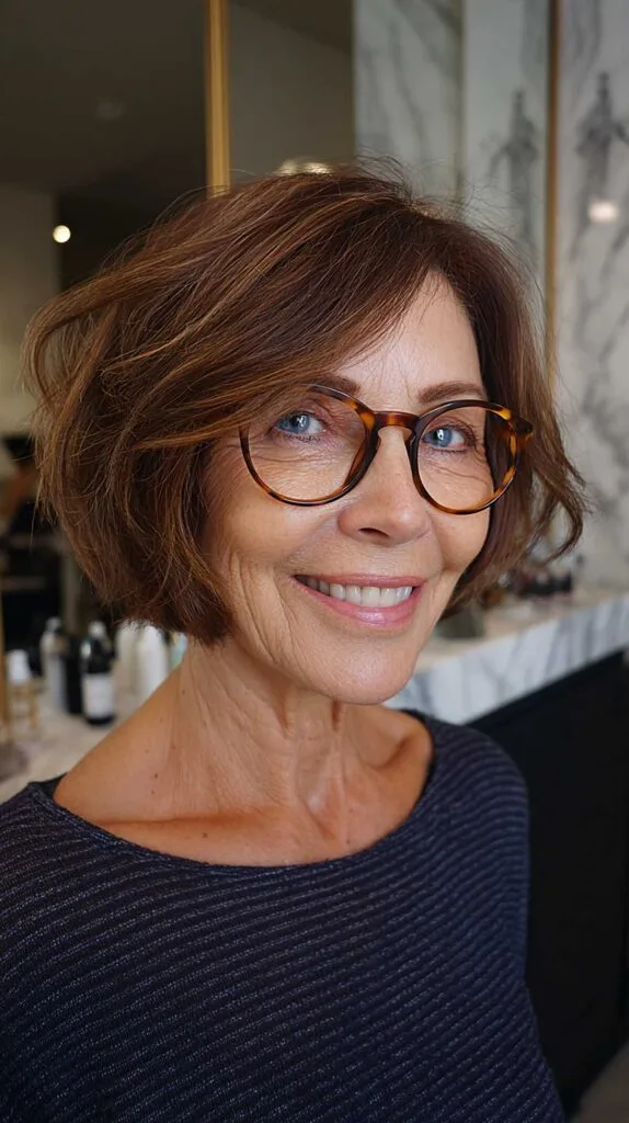Chin-Length Wavy Brunette Bob with Tortoiseshell Glasses