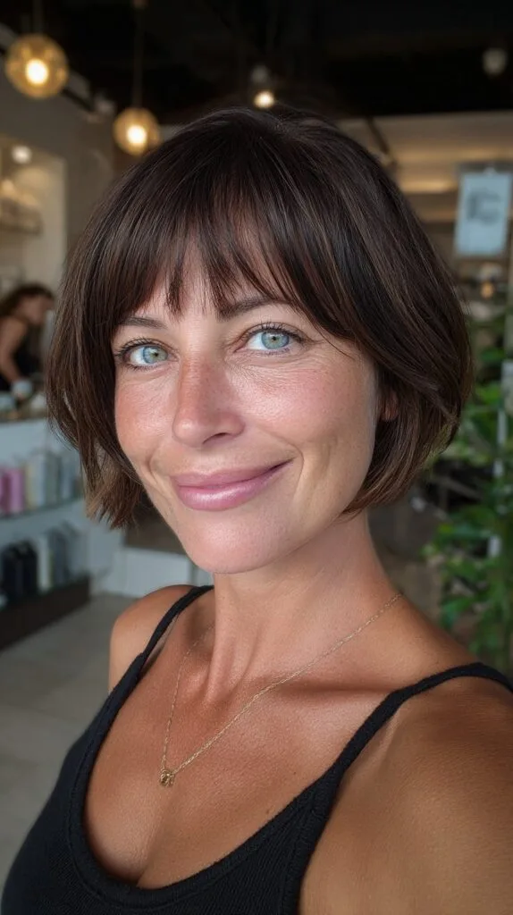 Chocolate Brunette Chin-Length Bob with Airy Baby Bangs and Soft Interior Texturizing
