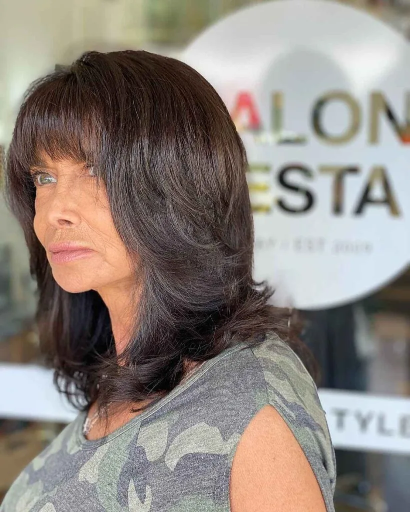 Chocolate Shag Haircut with Soft Bangs for Women Over 60