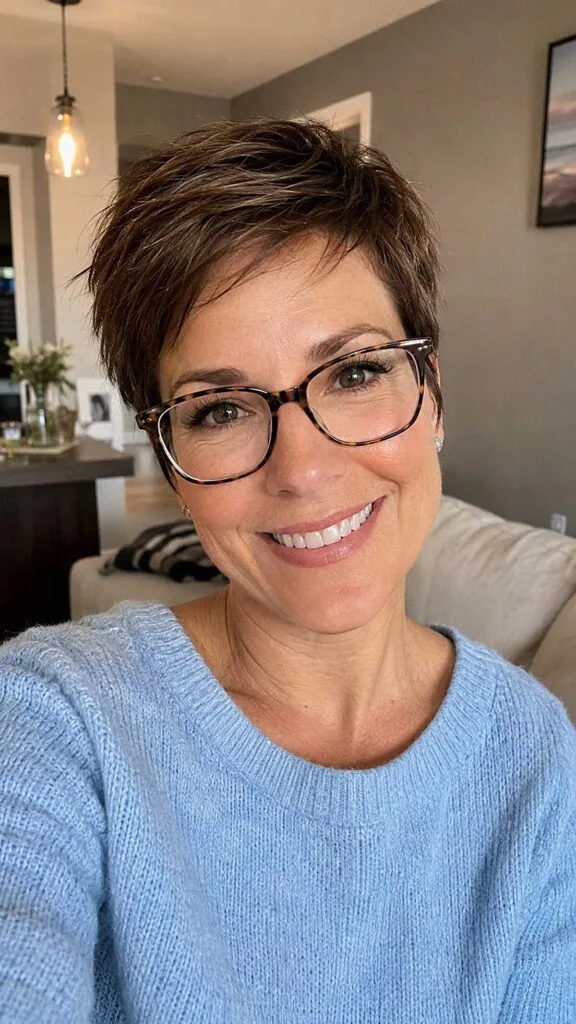 Choppy brunette pixie cut with feathered top layers