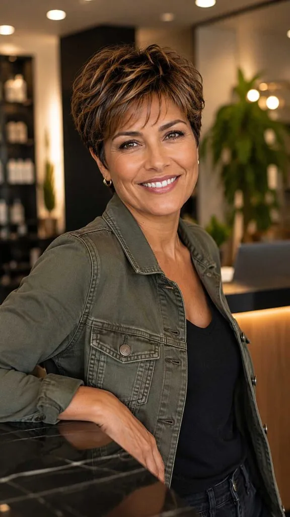Choppy Brunette Pixie with Caramel Pieces
