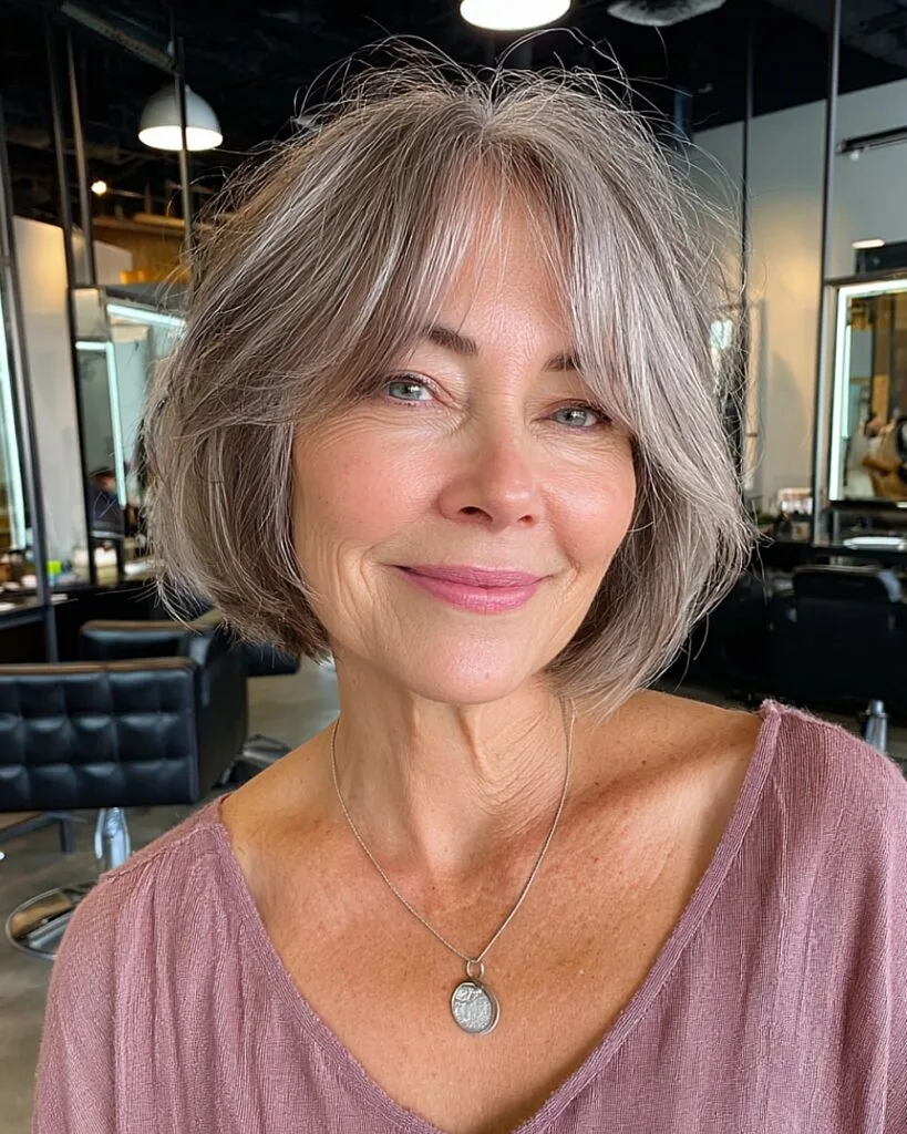Choppy chin length bob with feathered bangs for older women with fine gray hair