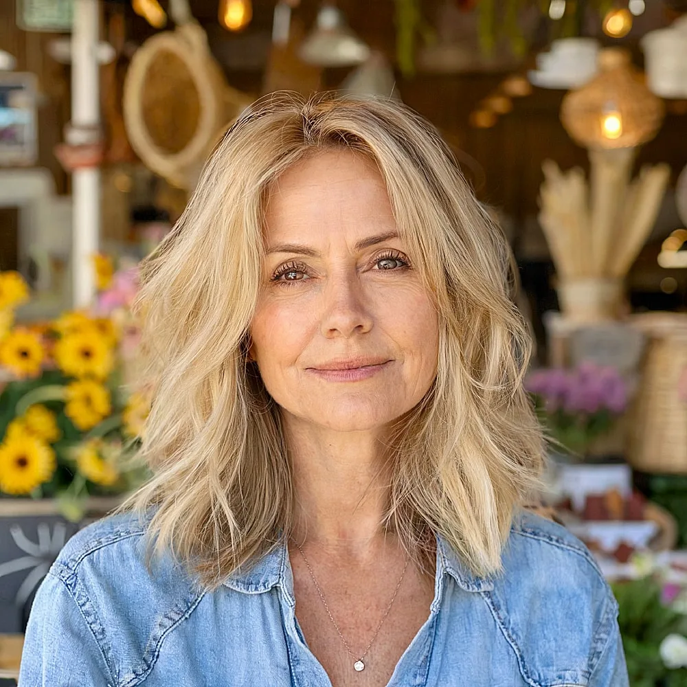 Choppy long bob with layered texture and bright blonde for women over 50