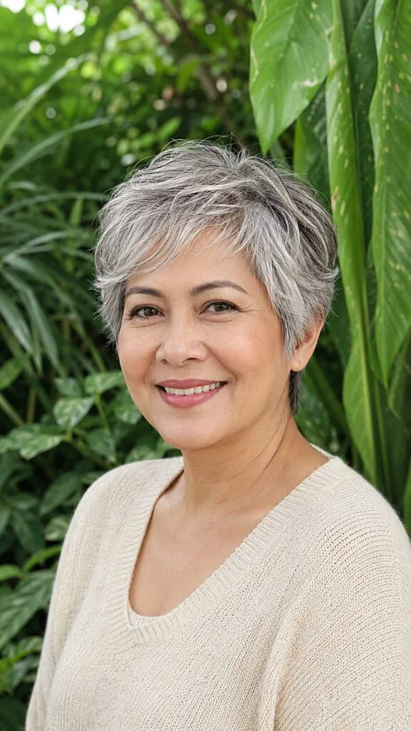 Choppy Salt-and-Pepper Pixie with Forward Movement