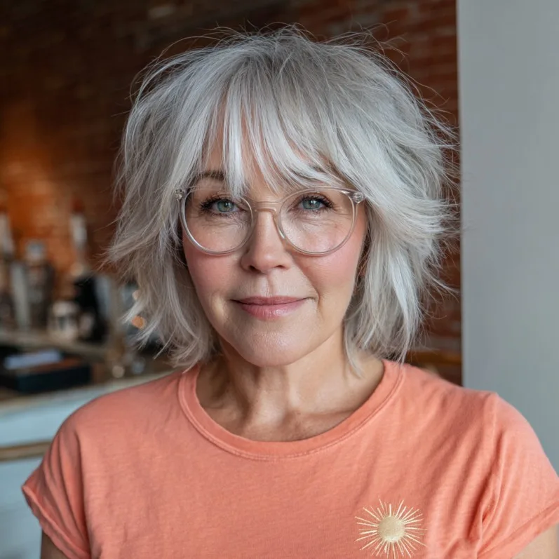 Choppy Silver Bob with Textured Bangs