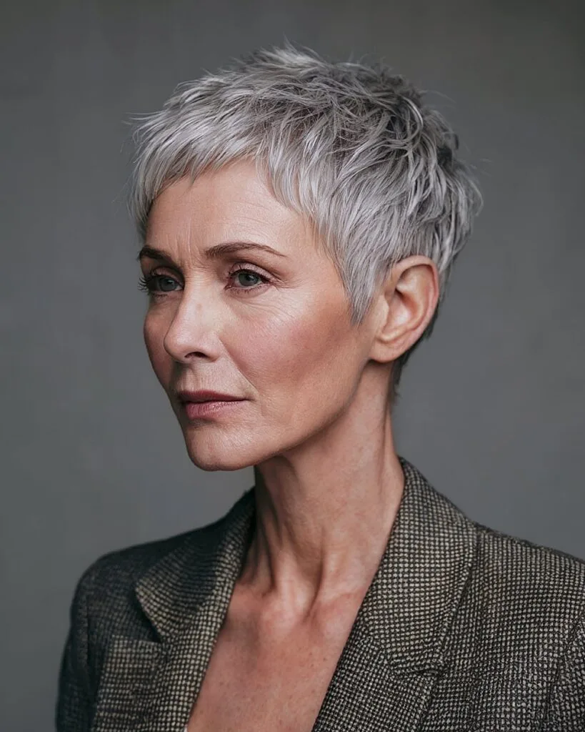 Choppy silversnap gray pixie cut for women over 50 with textured layers