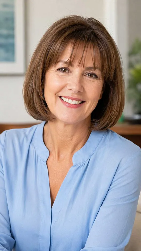 Classic Brunette Bob with Feathered Thin Bangs