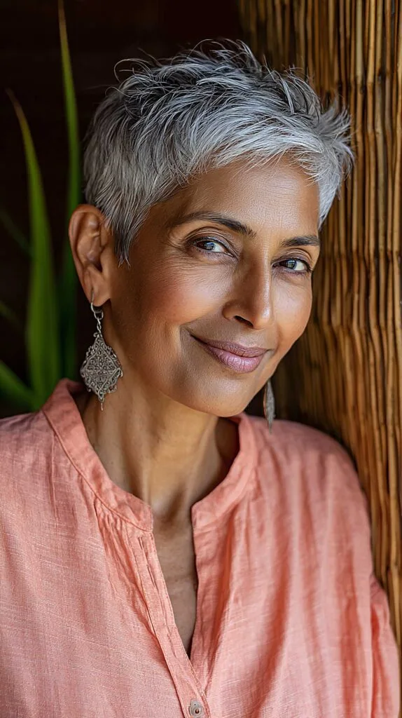 Close-Cropped Silver Pixie with Textured Top and Natural Pepper Roots