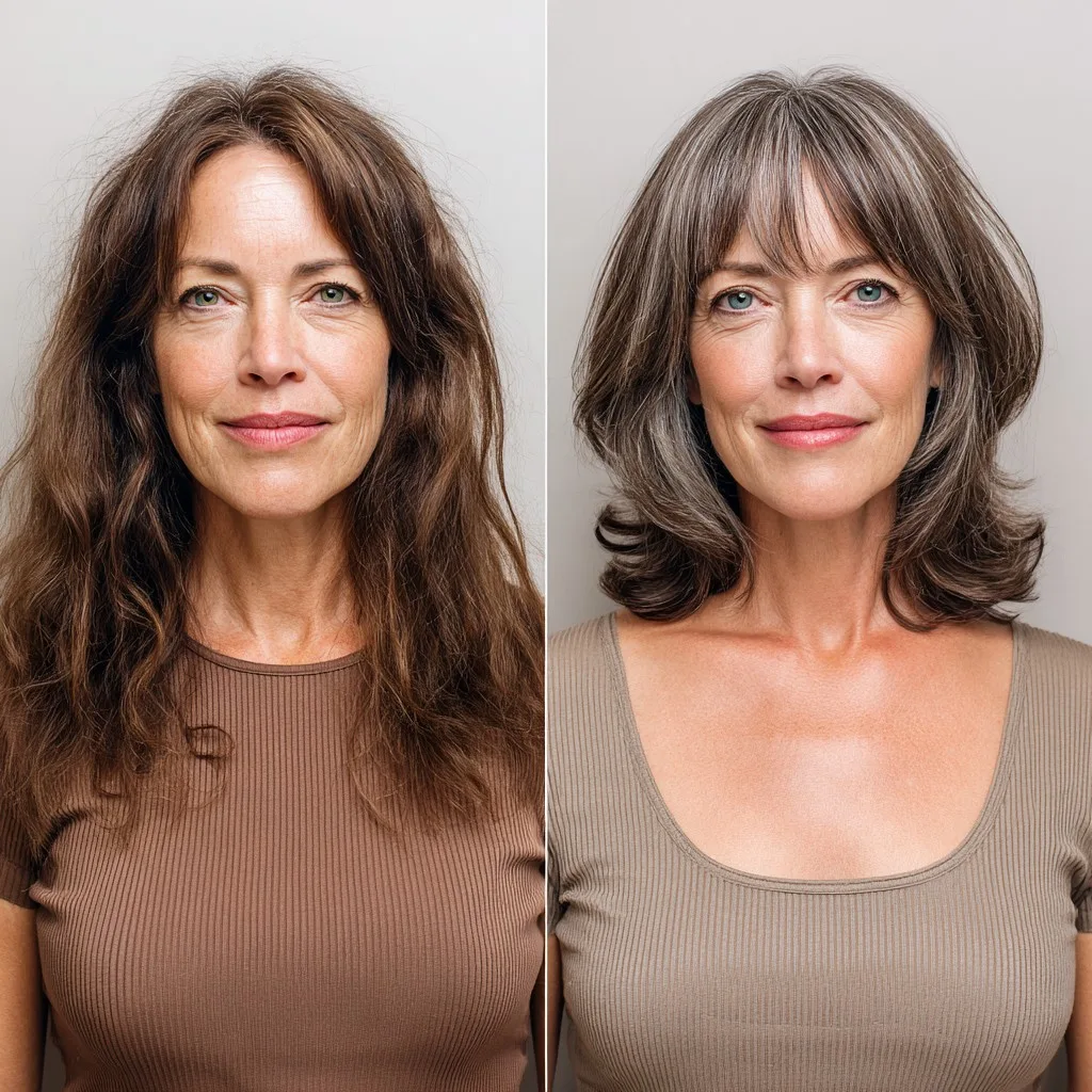 Collarbone-Length Shaped Layers with Soft Fringe and Natural Gray Blending