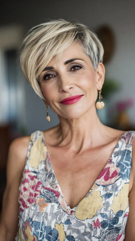 Contemporary Blonde Asymmetrical Pixie for Older Women