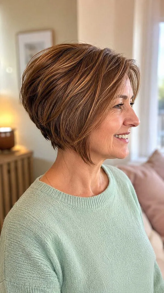 Copper auburn stacked bob with warm highlights