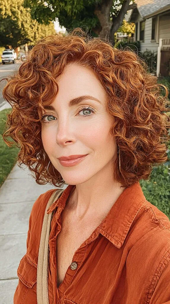 Copper Curly Bob with Warm Golden Dimension