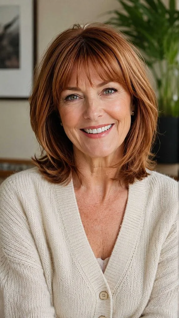 Copper Layered Bob with Feathered Curtain Bangs