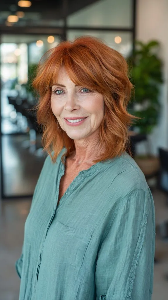 Copper-Red Mid-Length Shag with Feathered Side-Swept Fringe