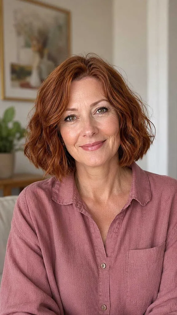Copper red wavy bob with relaxed tousled texture