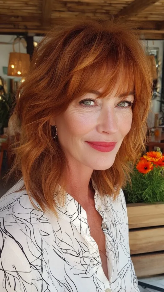 Copper Tousled Mid-Length Shag with Soft Curtain Fringe