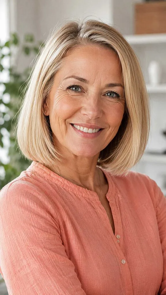 Creamy blonde one-length bob with soft movement