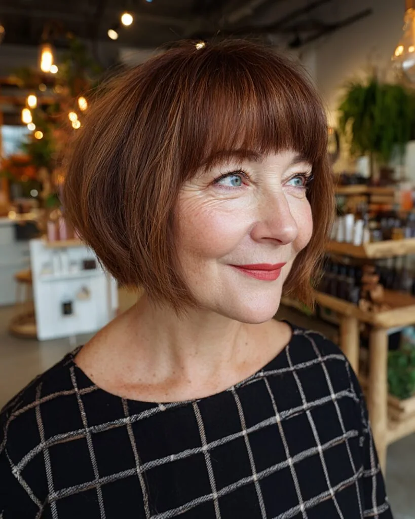 Cropped brunette bob with rounded bangs for older women with smooth fine hair