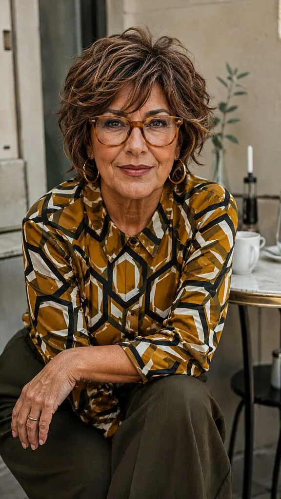 Curly Brunette Shag with Warm Highlights and Glasses