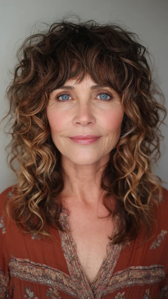 Curly Layered Cut with Golden Highlights