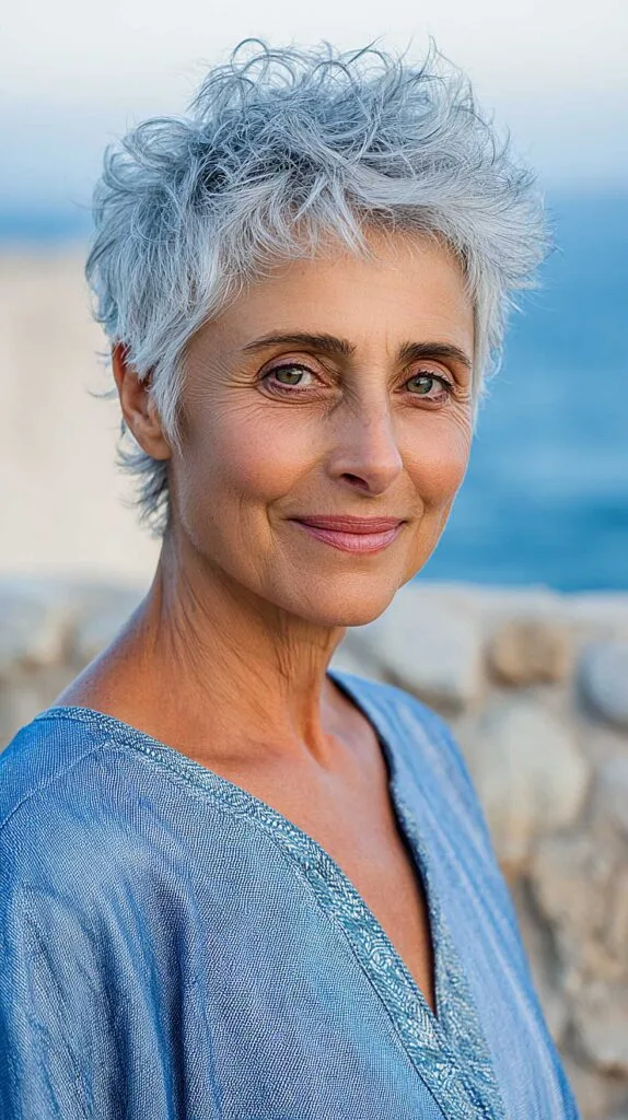 Curly Silver Pixie with Natural Texture and Tight Tapered Sides