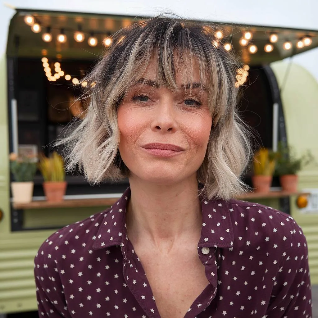 Cute choppy bob with fringe for fine hair over 40 in platinum blonde with dark roots