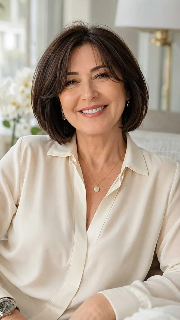 Dark Brunette Chin-Length Bob with Swept Side Fringe