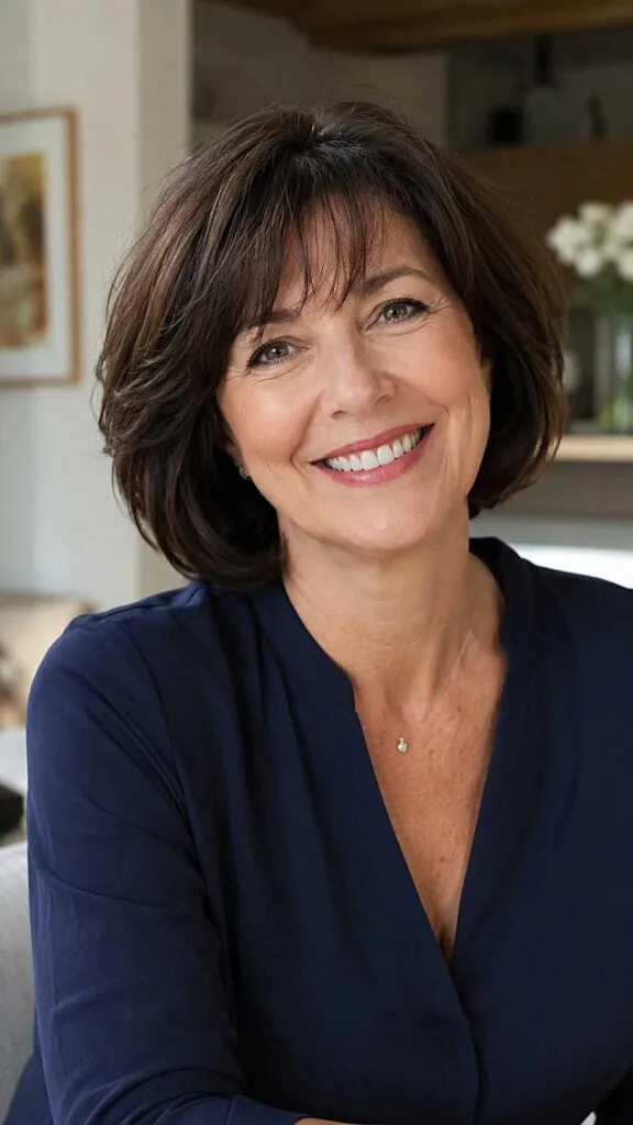 Dark Brunette Jaw-Length Bob with Flicked Ends and Soft Fringe