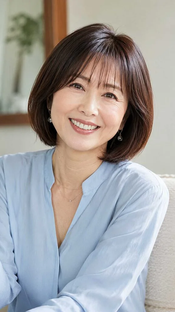 Dark Brunette Jaw-Length Bob with Wispy Thin Fringe