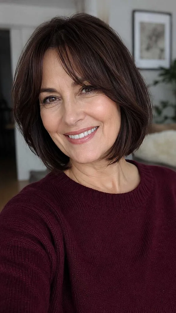 Dark Chocolate Chin-Length Bob with Soft Side-Swept Fringe