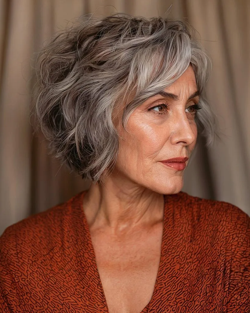 Dark gray short hairstyle with piecey layers and volume for mature women