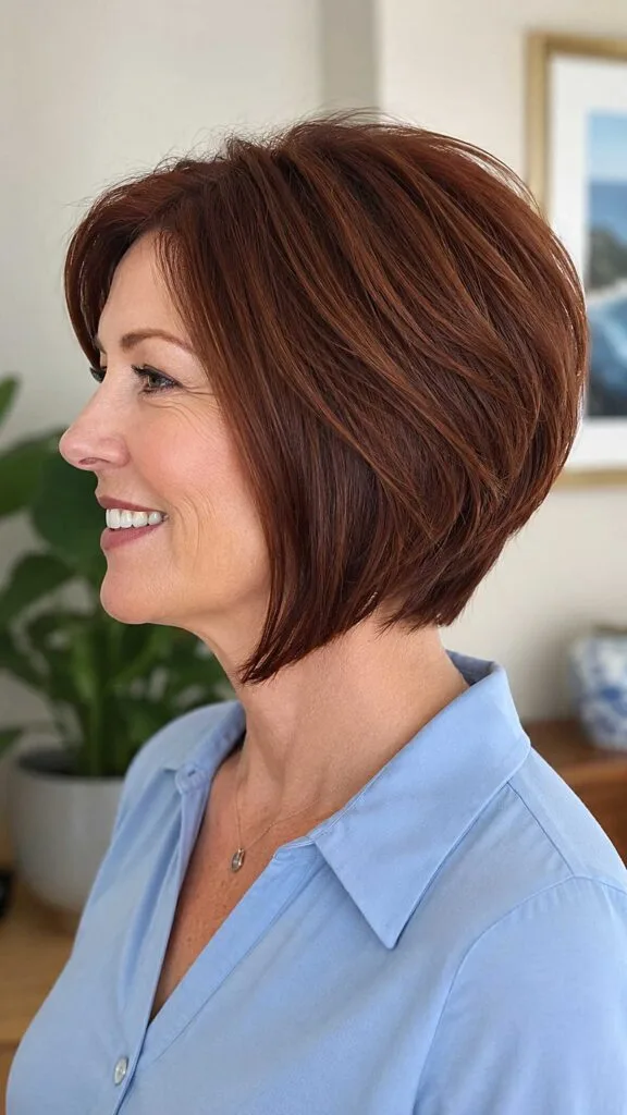 Deep auburn stacked bob with seamless graduation