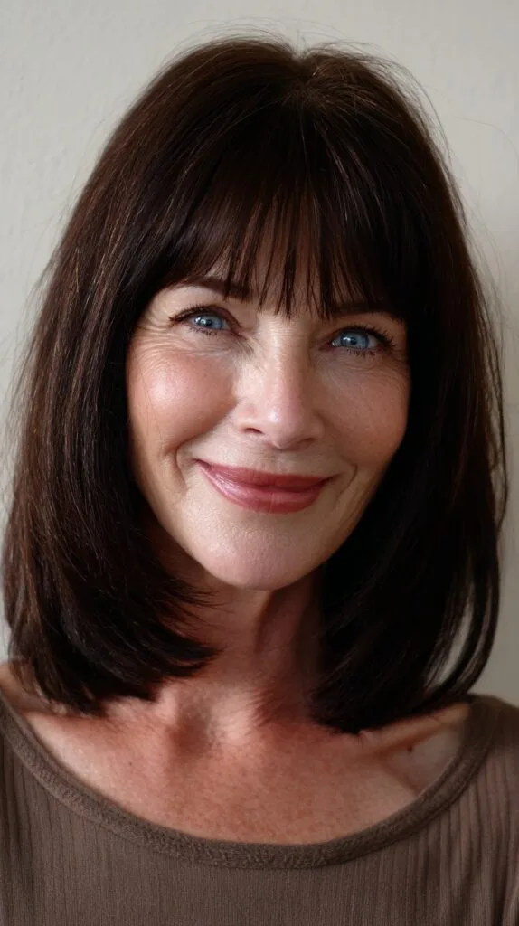 Deep-Brunette Collarbone Bob with Brow-Grazing Blunt Bangs