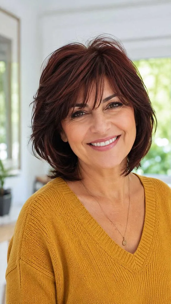 Deep Plum Flipped Bob with Shaggy Layered Fringe