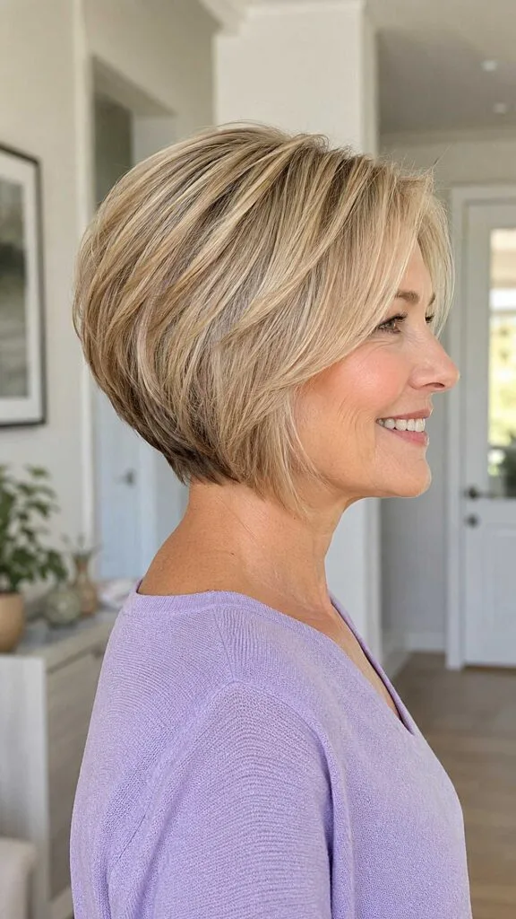 Dimensional blonde stacked bob with seamless layering