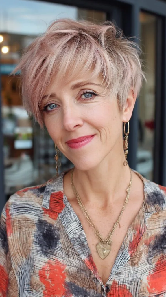 Dusty Rose Textured Long Pixie with Feathered Crown