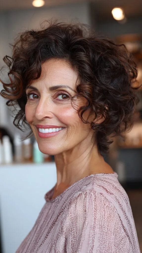Dynamic Espresso Curly Bob for Mature Faces