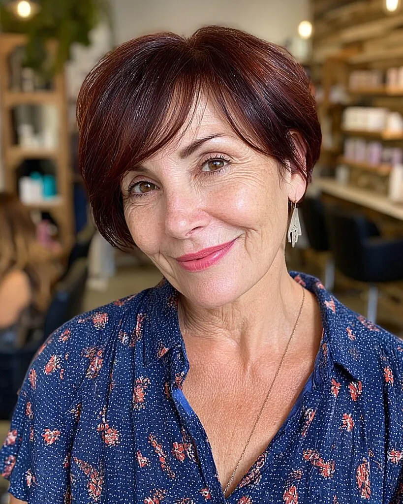 Ear length crop with deep side swept bangs for older women with thick auburn hair