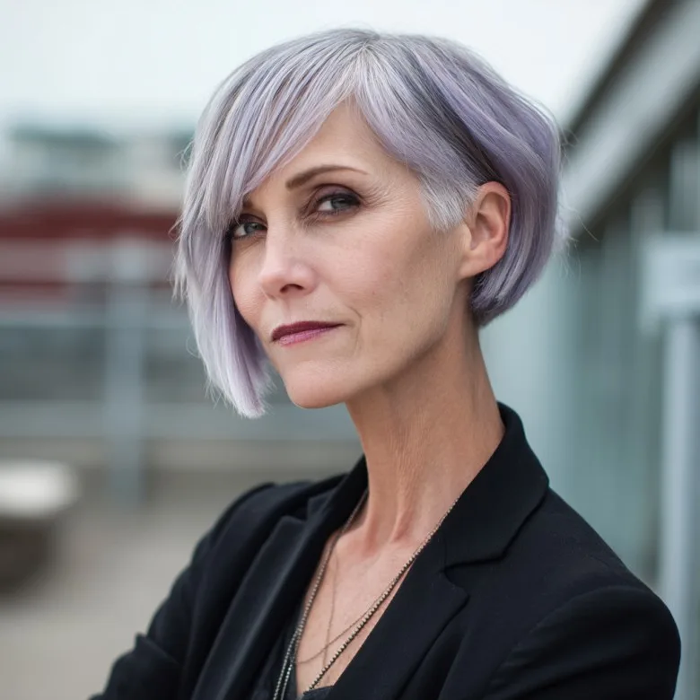 Edgy Asymmetrical Silver Bob with Soft Highlights