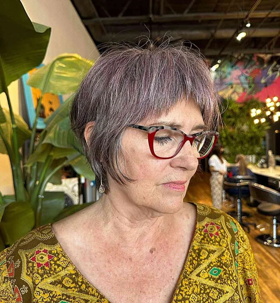 Edgy Mini Shag with Micro Bangs on Women Over 70 with Glasses