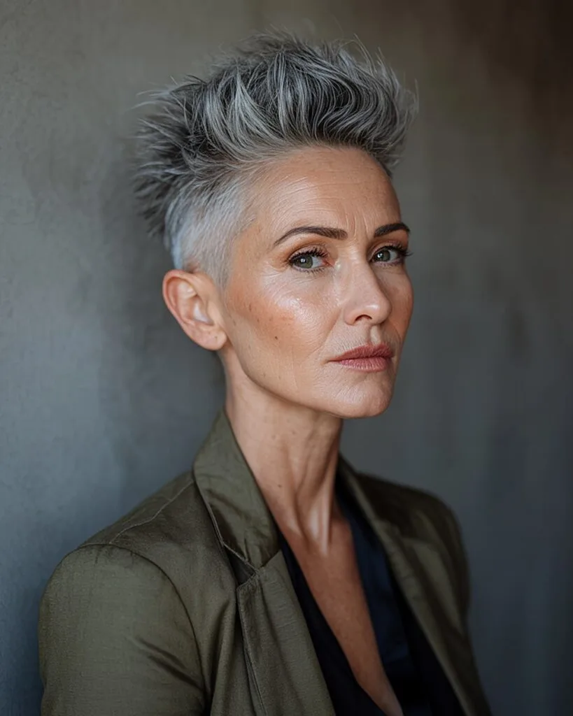 Edgy short gray hairstyle with voluminous top and shaved undercut for women over 50