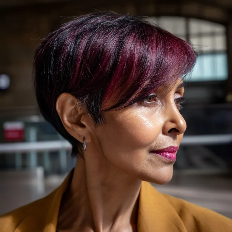 Edgy Short Pixie with Bold Burgundy Highlights