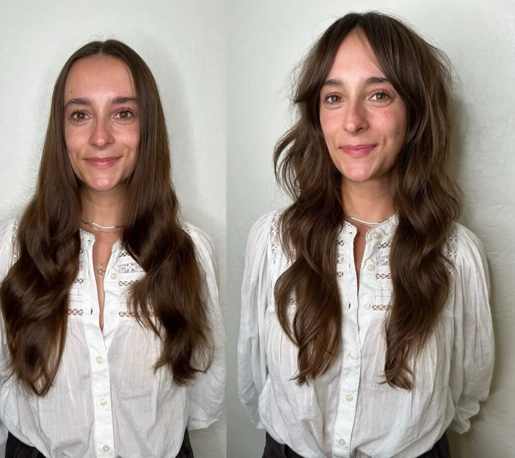 Effortless Brunette Waves with Curtain Bangs