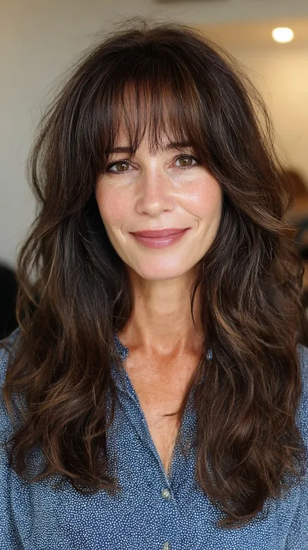Effortless Chocolate Waves with Soft Bangs