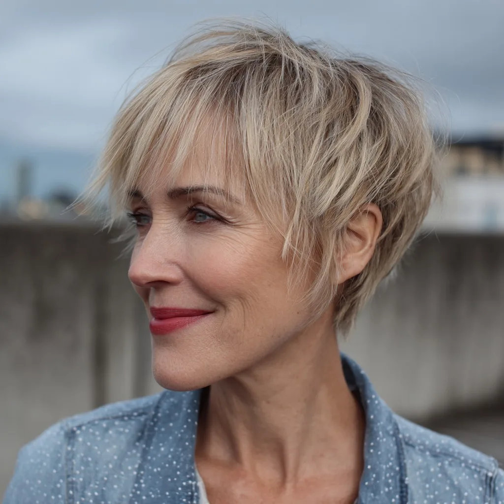 Effortless Sandy Blonde Textured Pixie Cut with Soft Tousled Layers