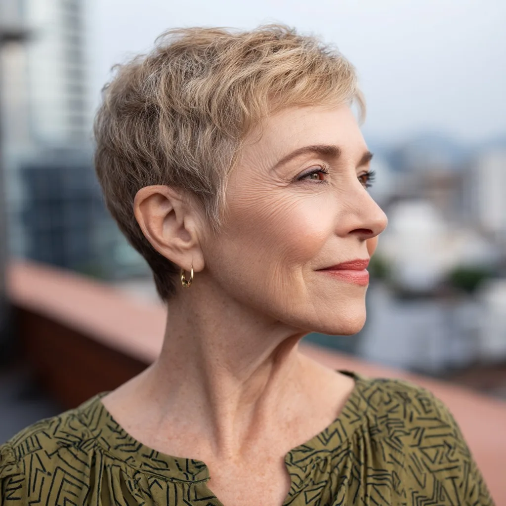 Effortless Sandy Blonde Textured Pixie Cut with Subtle Volume
