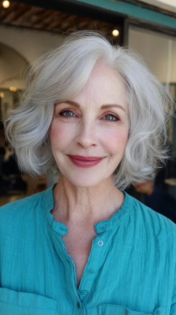 Effortless Silver Feathered Bob for a Chic Look