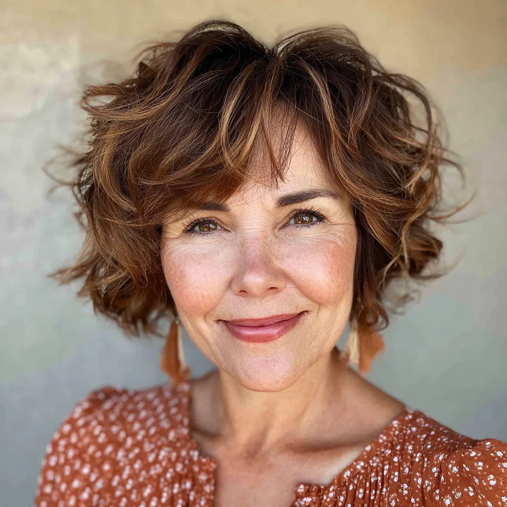 Effortlessly Tousled Curly Bob with Subtle Highlights