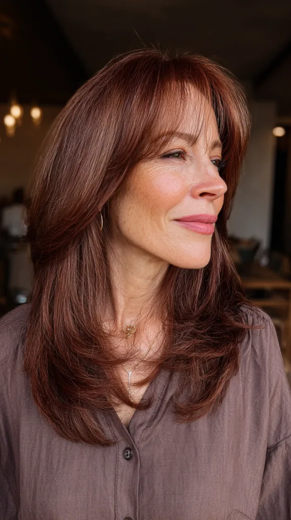 Elegant Cherry Mocha Long Layers with Face-Framing Movement